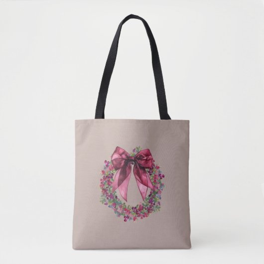 Pink Bow Christmas Wreath Tote Bag in Soft Taupe トートバッグ (正面)