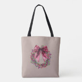 Pink Bow Christmas Wreath Tote Bag in Soft Taupe トートバッグ (裏面)