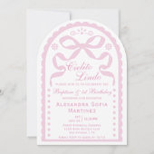 Pink Bow Cielito Lindo Girl Baptism & 1st Birthday 招待状 (正面)