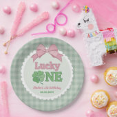 Pink Bow Clover Lucky One Girl 1st Birthday ペーパープレート (パーティー)
