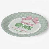 Pink Bow Clover Lucky One Girl 1st Birthday ペーパープレート (アングル)