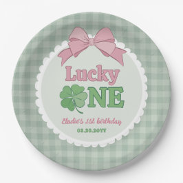 Pink Bow Clover Lucky One Girl 1st Birthday ペーパープレート