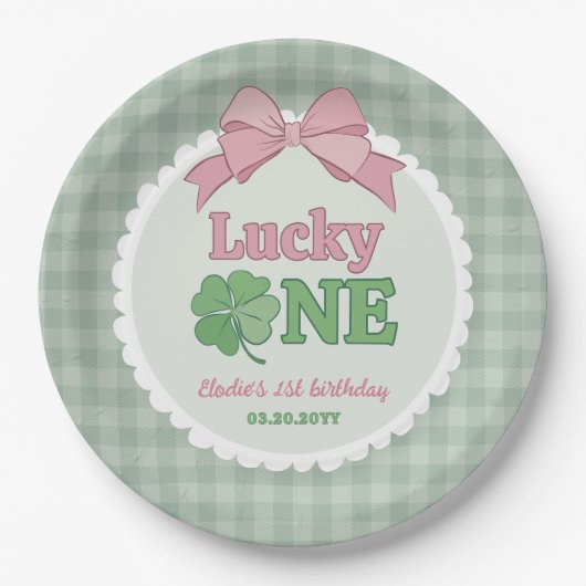 Pink Bow Clover Lucky One Girl 1st Birthday ペーパープレート (正面)