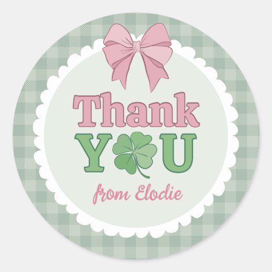 Pink Bow Clover Lucky One Thank You ラウンドシール (正面)