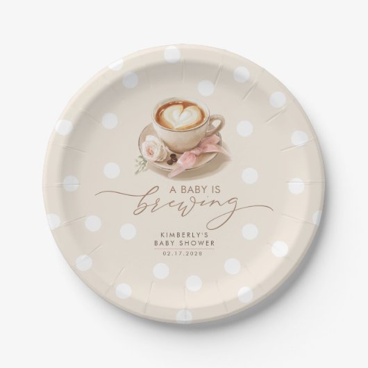 Pink Bow Coffee Baby Is Brewing Girl Baby Shower ペーパープレート (正面)