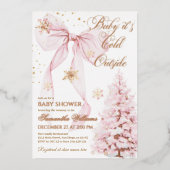 Pink Bow Cold Outside Baby Girl Shower 箔招待状 (正面)