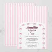 Pink Bow Coquette Aesthetic Girl 6th Birthday 招待状 (正面/裏面)