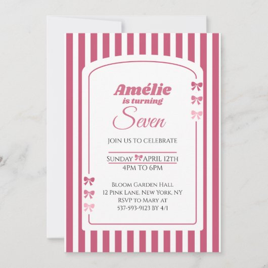 Pink Bow Coquette Aesthetic Girl 7th Birthday 招待状 (正面)