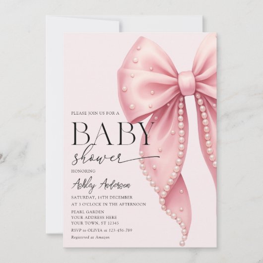 Pink Bow Coquette Baby Shower 招待状 (正面)