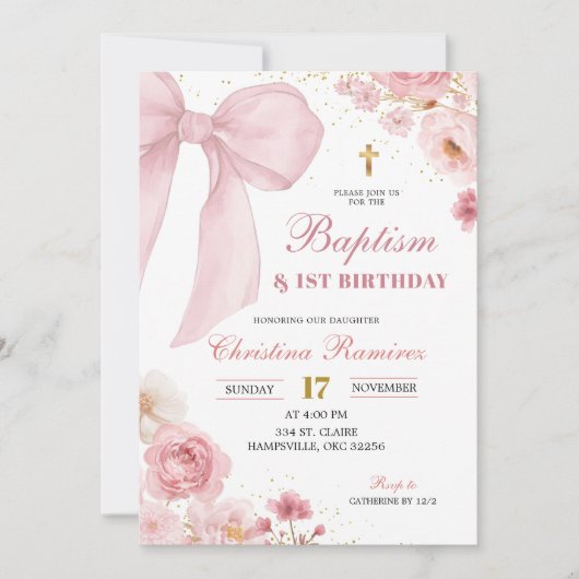 Pink Bow coquette Baptism & First Birthday  招待状 (正面)