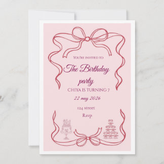 Pink Bow Coquette Birthday Party Invitation 招待状