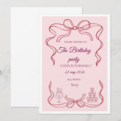 Pink Bow Coquette Birthday Party Invitation 招待状 (正面/裏面)