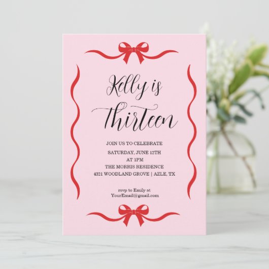 Pink Bow Coquette Bow Birthday Invitation, 13th 招待状 (スタンド正面)