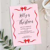 Pink Bow Coquette Bow Birthday Invitation, 13th 招待状