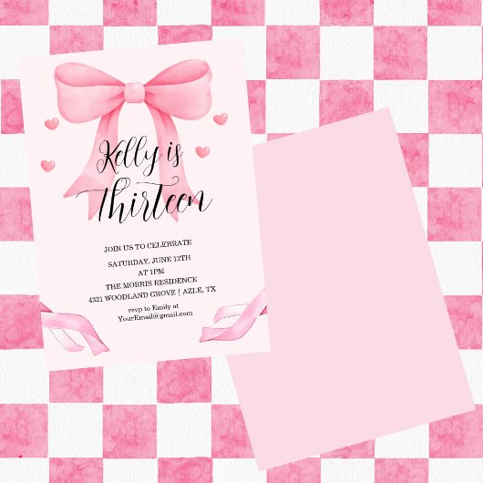 Pink Bow Coquette Bow Birthday Invitation, 13th 招待状