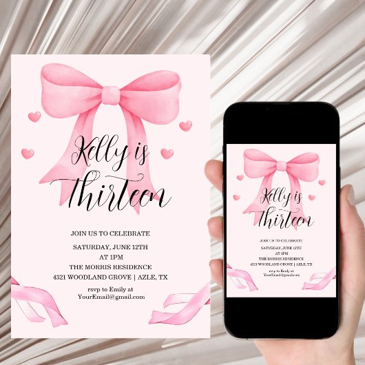 Pink Bow Coquette Bow Birthday Thirteen Invitation 招待状