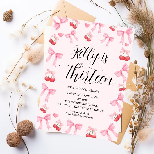 Pink Bow Coquette Bow Cherry Birthday, 13th 招待状