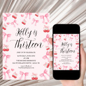 Pink Bow Coquette Bow Cherry Birthday, 13th 招待状