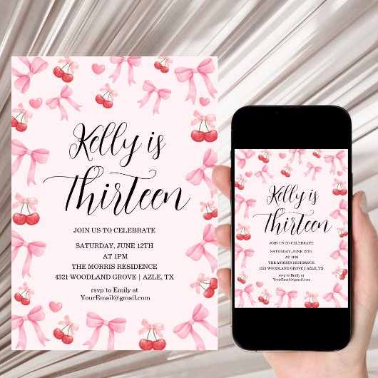 Pink Bow Coquette Bow Cherry Birthday, 13th 招待状