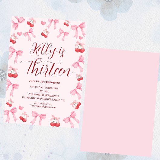 Pink Bow Coquette Bow Cherry Birthday, 13th 招待状