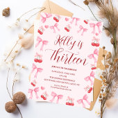 Pink Bow Coquette Bow Cherry Birthday, 13th 招待状