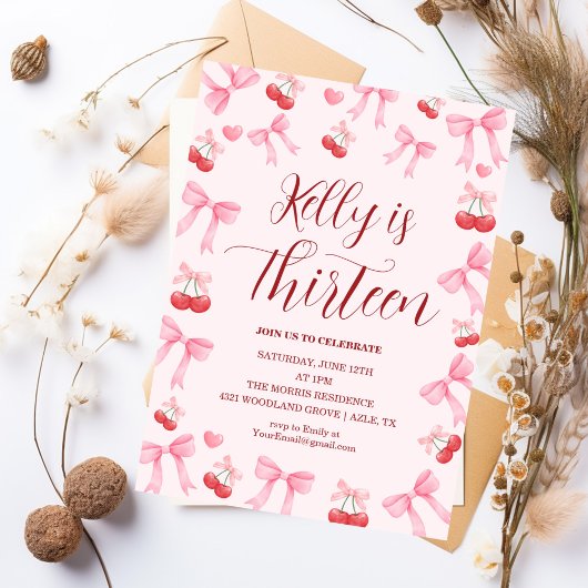 Pink Bow Coquette Bow Cherry Birthday, 13th 招待状