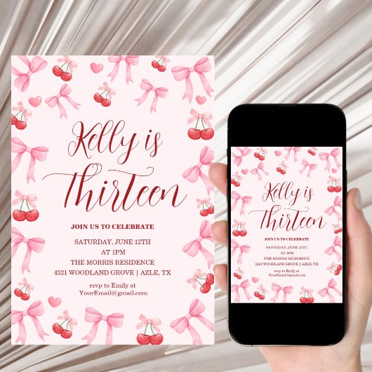 Pink Bow Coquette Bow Cherry Birthday, 13th 招待状