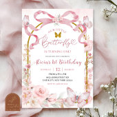 Pink Bow Coquette Butterfly 1st Birthday Invitatio 招待状