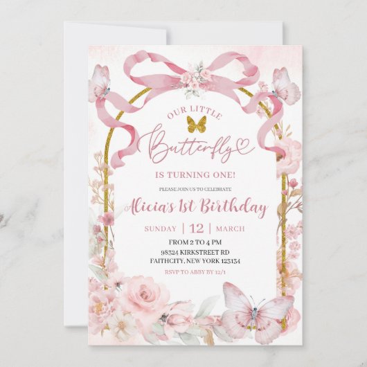 Pink Bow Coquette Butterfly 1st Birthday Invitatio 招待状 (正面)