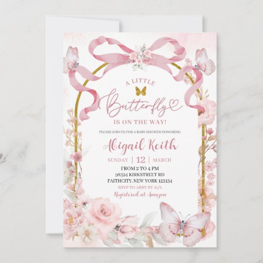 Pink Bow Coquette Butterfly Baby Shower Invitation 招待状 (正面)