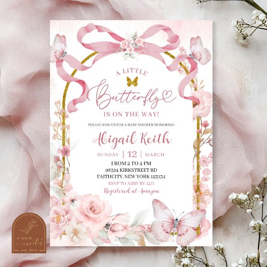 Pink Bow Coquette Butterfly Baby Shower Invitation 招待状