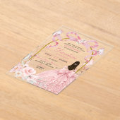 Pink Bow Coquette Butterfly Quinceañera アクリル招待状 (レイダウン)