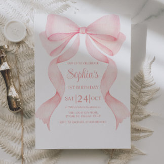 Pink Bow Coquette First Birthday Invitation 招待状