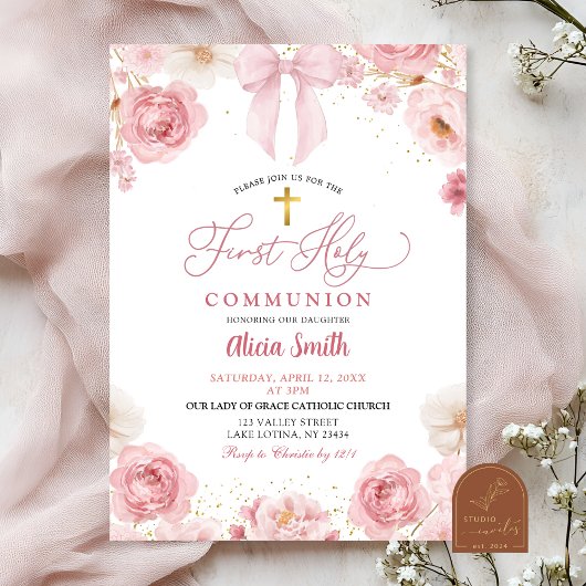 Pink Bow Coquette First Holy Communion 招待状