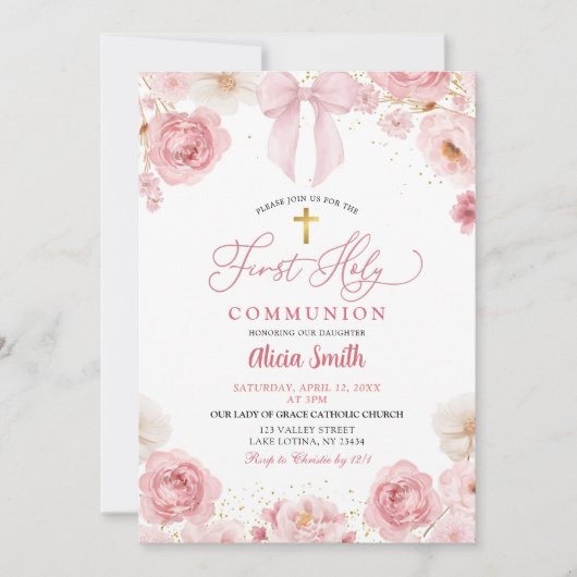 Pink Bow Coquette First Holy Communion 招待状 (正面)