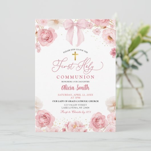 Pink Bow Coquette First Holy Communion 招待状 (スタンド正面)