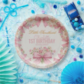 Pink Bow Coquette Floral 1st Birthday Personalized ペーパープレート (パーティー)