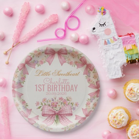 Pink Bow Coquette Floral 1st Birthday Personalized ペーパープレート (パーティー)