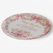 Pink Bow Coquette Floral 1st Birthday Personalized ペーパープレート (アングル)
