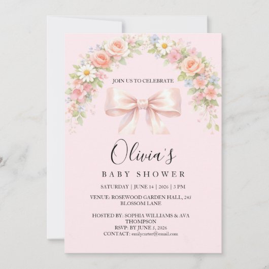 Pink Bow Coquette Floral Baby Girl Baby Shower 招待状 (正面)