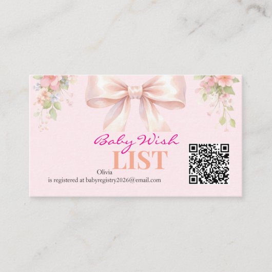 Pink Bow Coquette Floral Baby Registry QR Code エンクロージャーカード (正面)