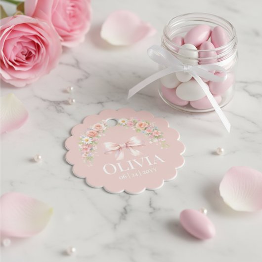 Pink Bow Coquette Floral Girl Baby Shower  フェイバータグ