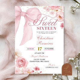 Pink Bow Coquette floral Sweet Sixteen 招待状