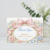 Pink Bow Coquette Girl Baby Shower Thank You カード (スタンド正面)