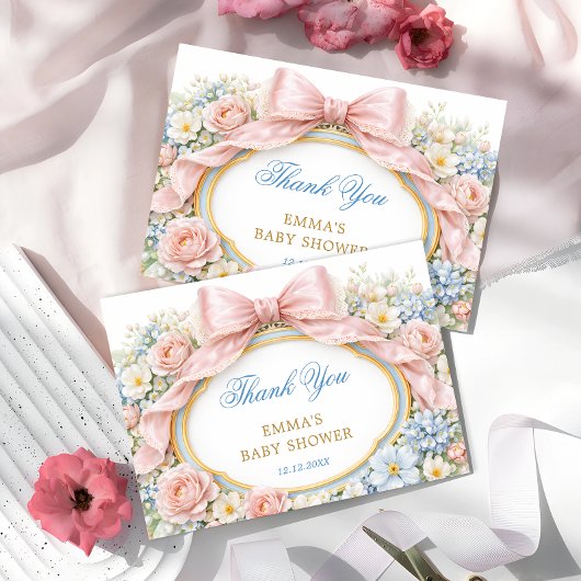 Pink Bow Coquette Girl Baby Shower Thank You カード
