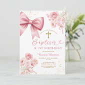 Pink Bow Coquette Girl Baptism and Birthday Floral 招待状 (スタンド正面)
