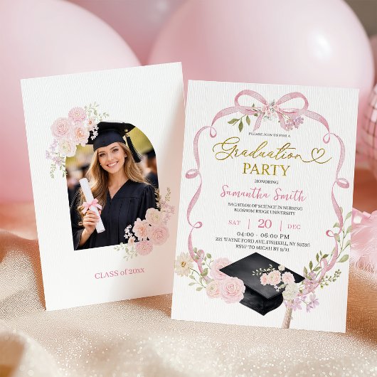 Pink Bow Coquette Girl Graduation Invitation 招待状