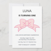 Pink Bow Coquette Girl Kids 1st Birthday 招待状 (正面)