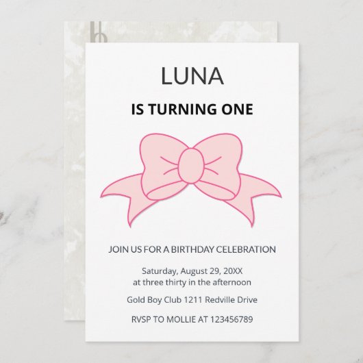 Pink Bow Coquette Girl Kids 1st Birthday 招待状 (正面/裏面)