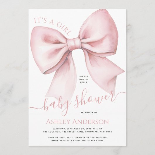 Pink Bow Coquette It's a Girl Baby Shower 招待状 (正面)